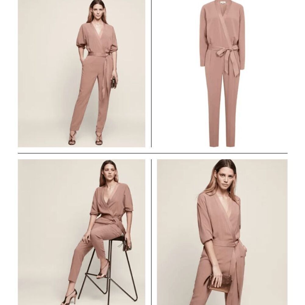 REISS Etta Wrap-Front Jumpsuit Mocha Nude Color Long Sleeve NO Belt Flaw Size‎ 2